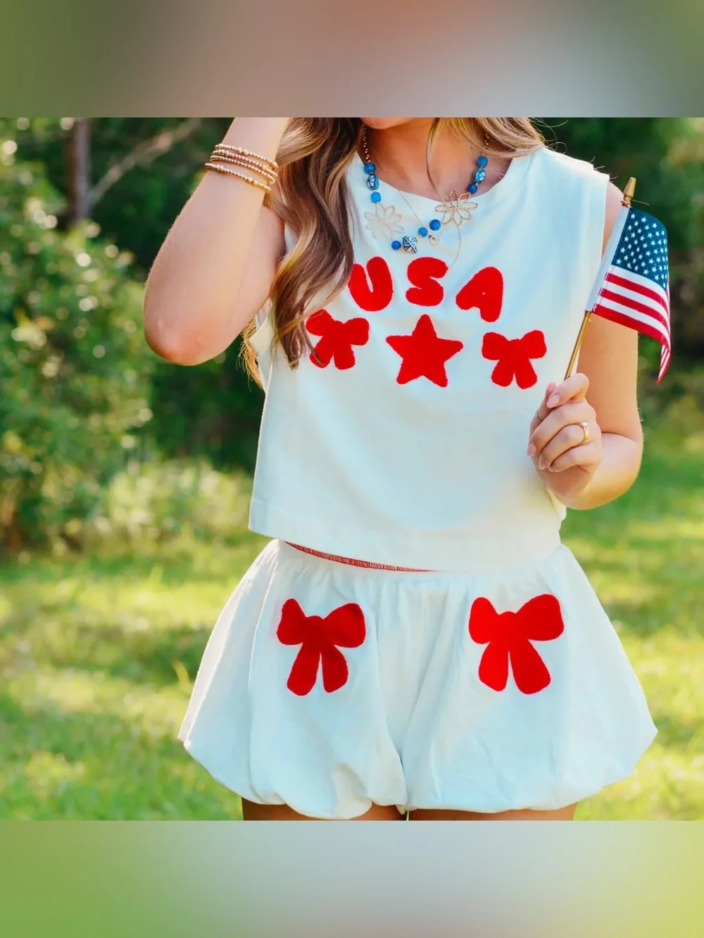 Peach Love California Sz Medium Women’s White Red USA Bow Star Top & Shorts Set